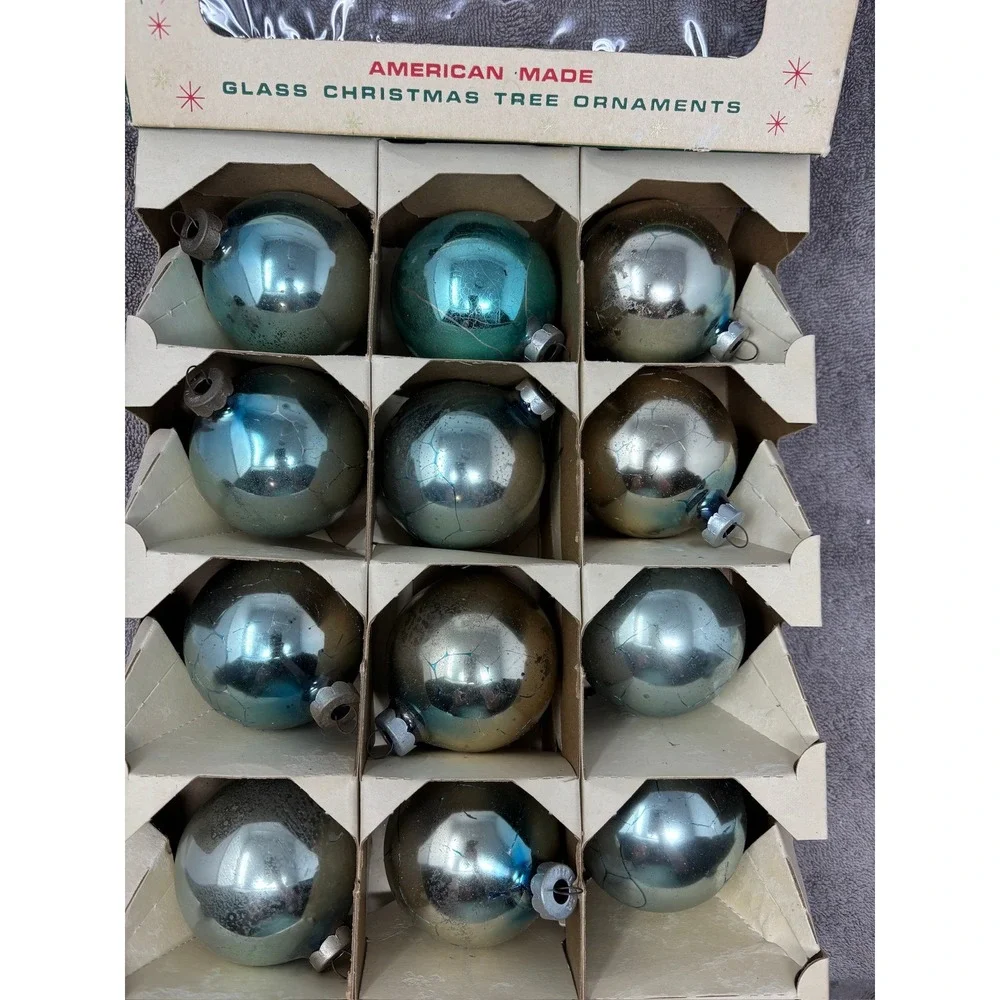 Vintage Shiny Brite Glass Ornaments Blue Silver Fair 12pc Set MCM USA Made Box